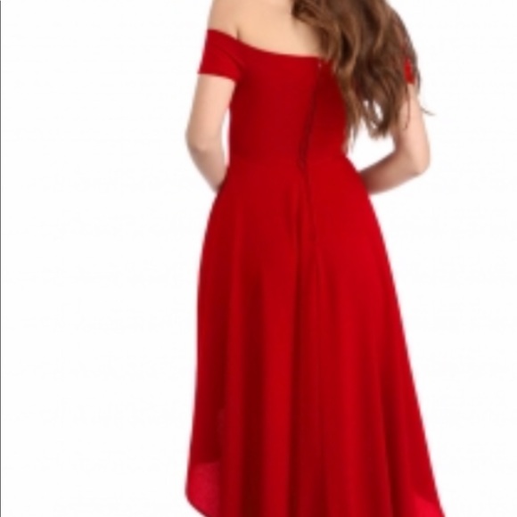 RED HIGH LOW HEM OFF SHOULDER PARTY DRESS - Picture 2 of 3